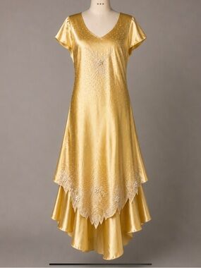 Vintage Rory USA Gold Beaded Satin Bias Cut Evening Dress 14